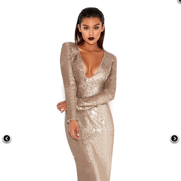 MARREO' Gold Sequinned Plunge Neck Maxi Gown - Picture 3 of 6